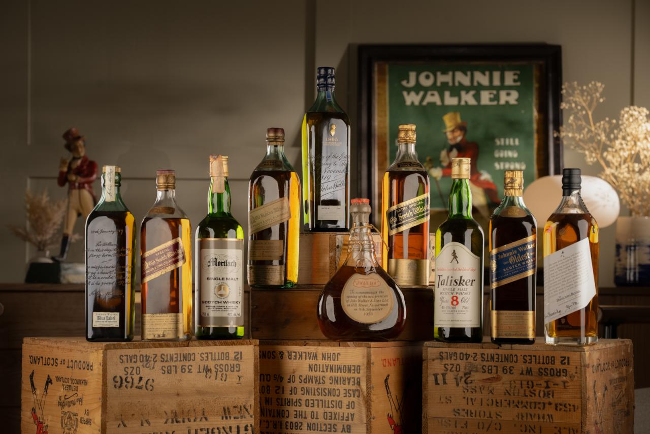 A selection of old and rare Johnnie Walker bottles