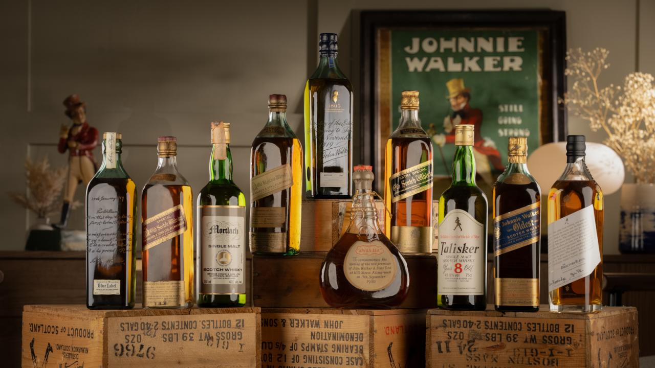 A selection of old and rare Johnnie Walker bottles