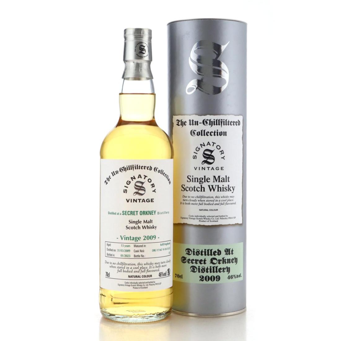 Secret Orkney The Un-Chillfiltered Collection 13 Year Old, Bourbon Hogshead Cask, Cask No. DRU 17/A47 10-12, 2009, Signatory Vintage, 46% whisky bottle