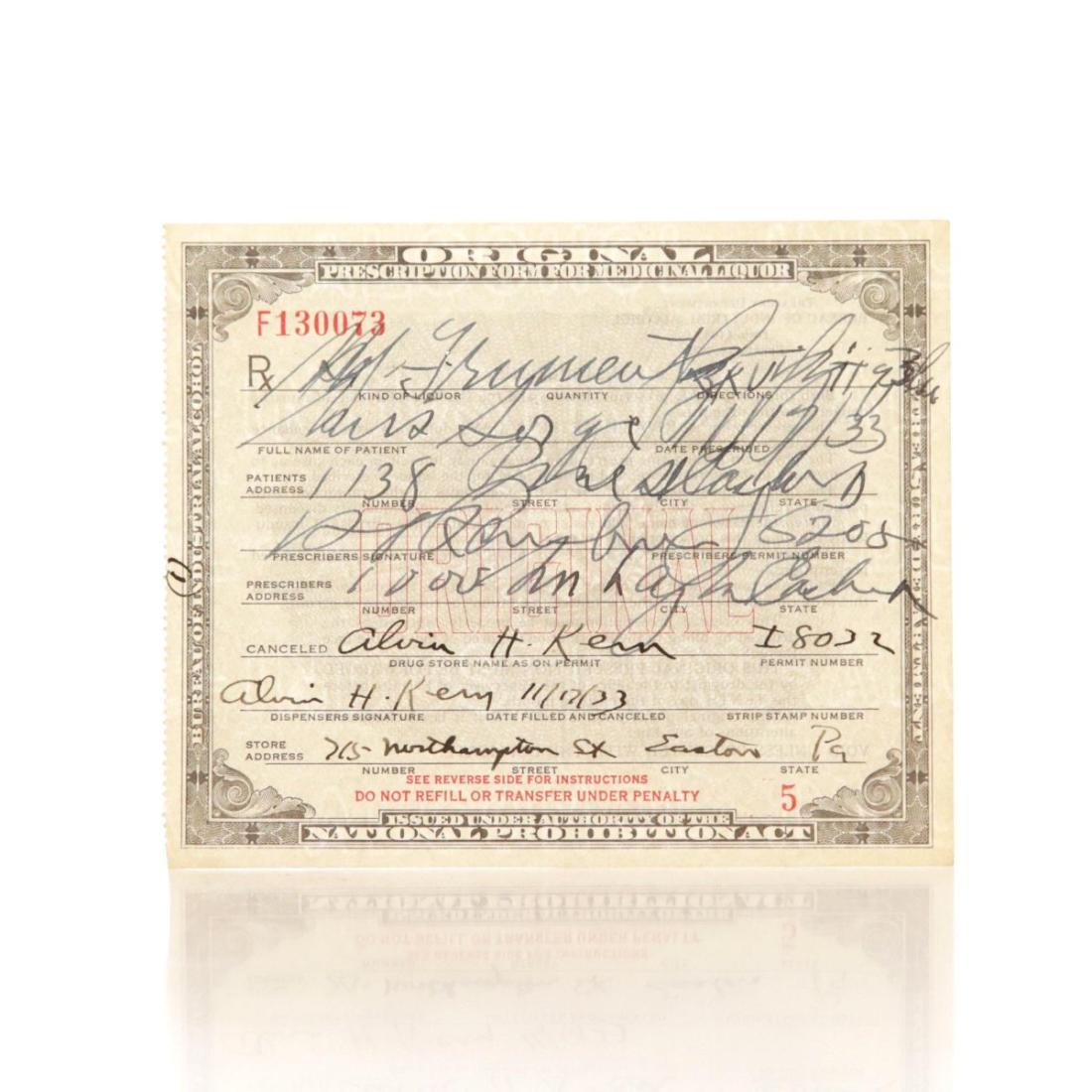 Prohibition Era Whisky Prescription 1933, 50% whisky bottle