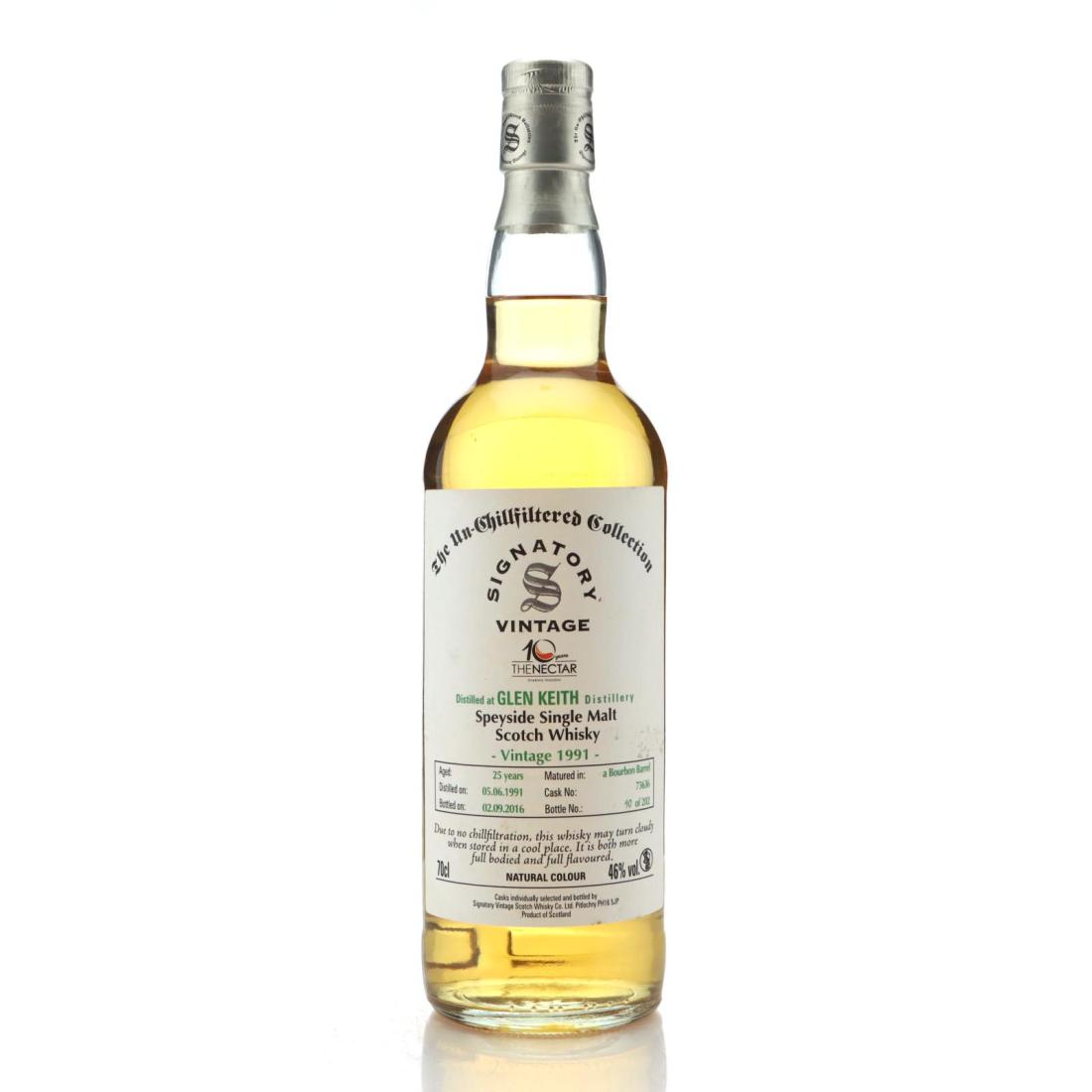 Glen Keith The Un-Chillfiltered Collection The Nectar 10th Anniversary 25 Year Old, Bourbon Barrel Cask, Cask #73636, 1991, Signatory Vintage, 46% whisky bottle