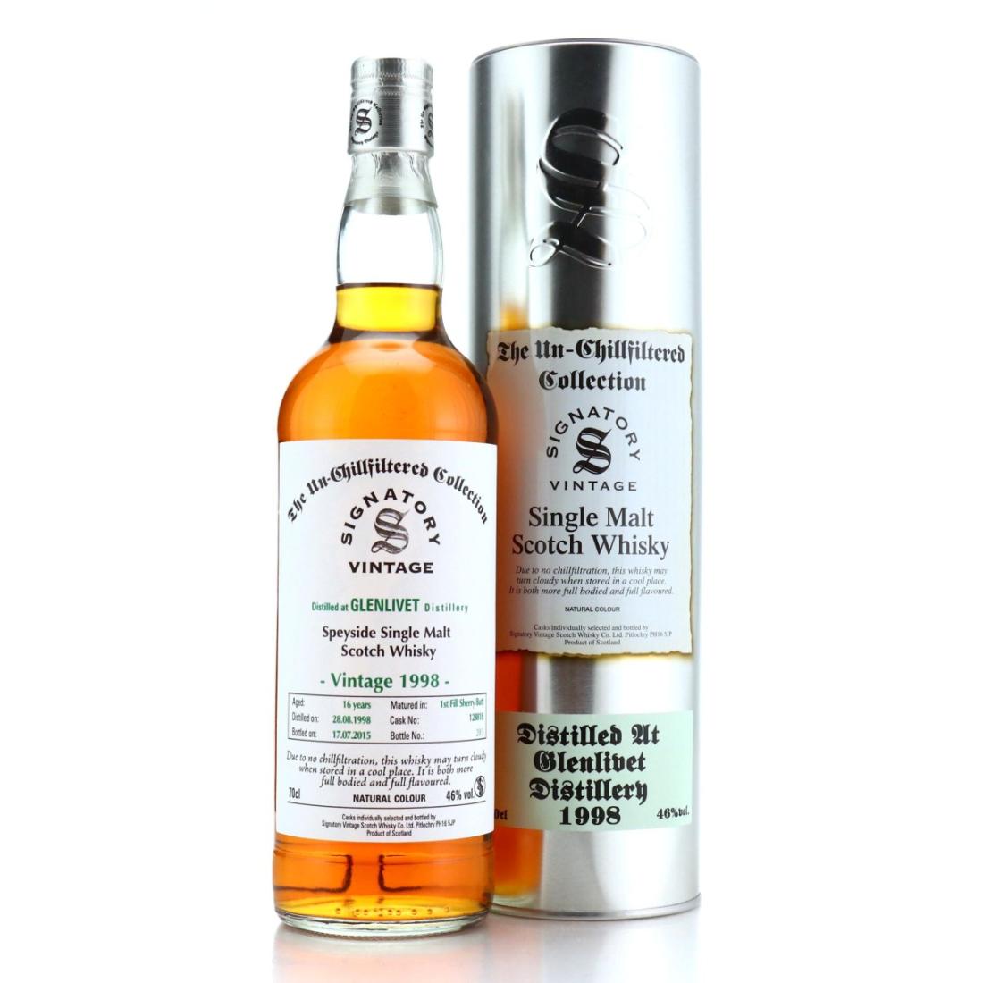 Glenlivet The Un-Chillfiltered Collection 16 Year Old, Sherry Cask, Cask #12091, 1998, Signatory Vintage, 46% whisky bottle