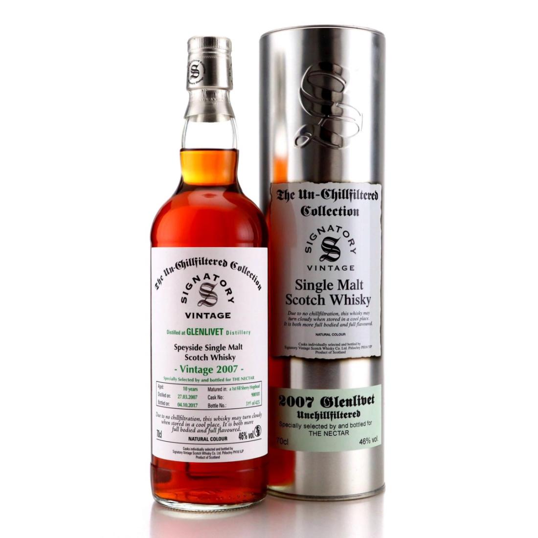 Glenlivet The Un-Chillfiltered Collection 10 Year Old, Sherry Cask, Cask #900103, 2007, Signatory Vintage, 46% whisky bottle