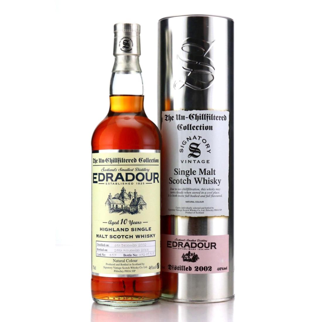 Edradour The Un-Chillfiltered Collection 10 Year Old, Oloroso Sherry Cask, Cask #10, 2002, Signatory Vintage, 46% whisky bottle