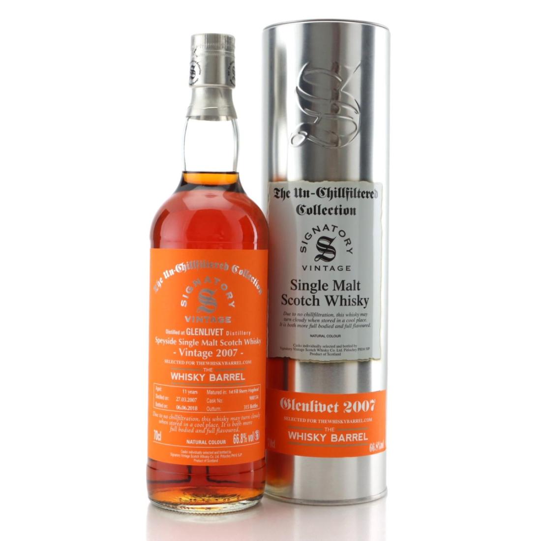 Glenlivet The Un-Chillfiltered Collection 11 Year Old, Sherry Hogshead Cask, 2007, Signatory Vintage, 66.8% whisky bottle