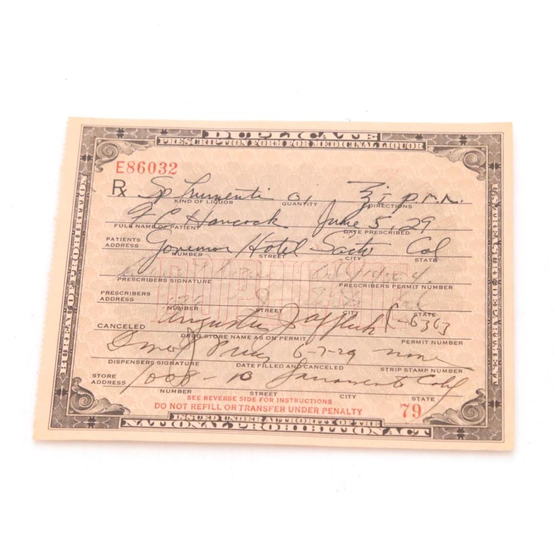 Prohibition Era Whisky Prescription 1929 whisky bottle