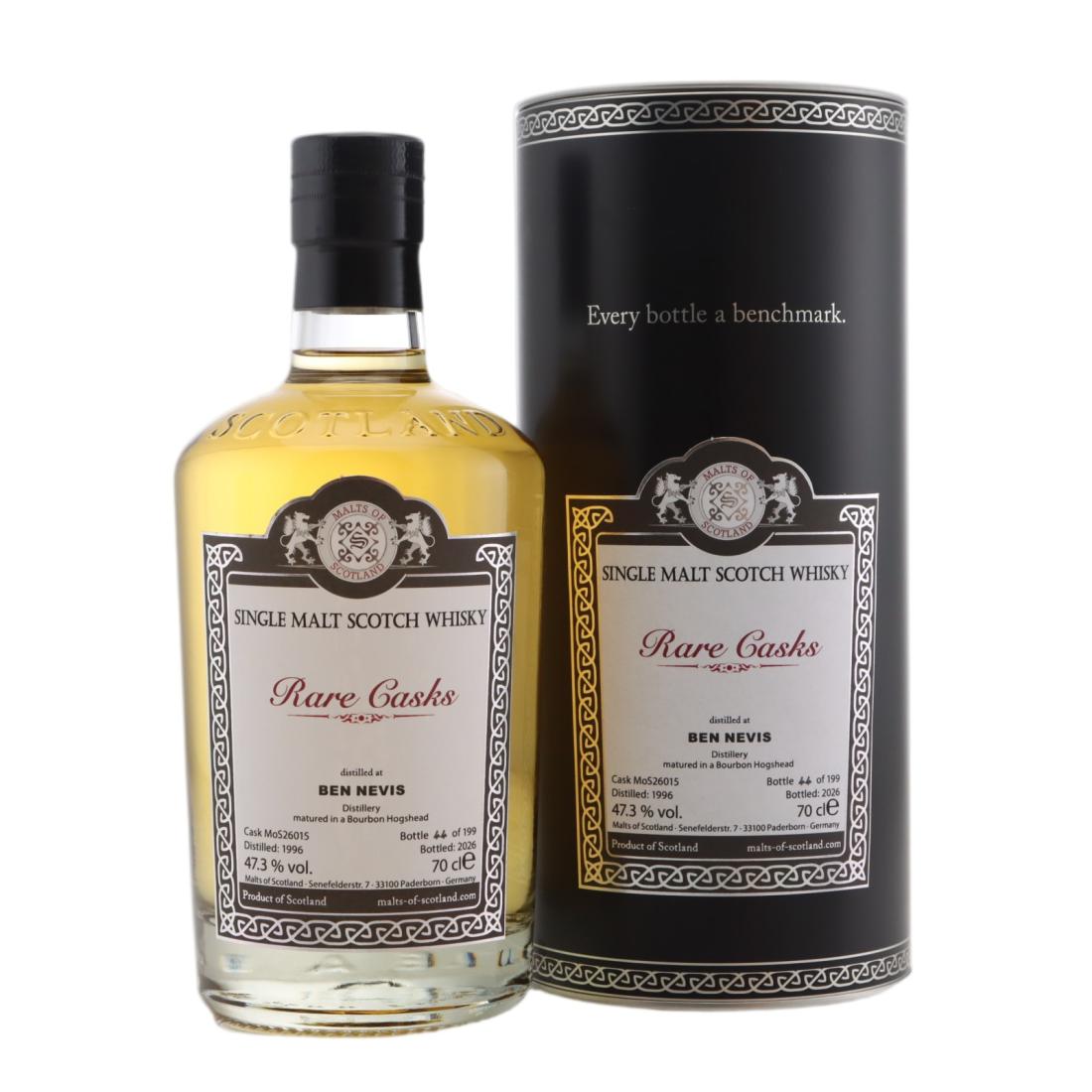 Ben Nevis Rare Cask #30 Year Old, Bourbon Cask, Cask #MoS26015, 1996, Malts of Scotland, 47.3% whisky bottle