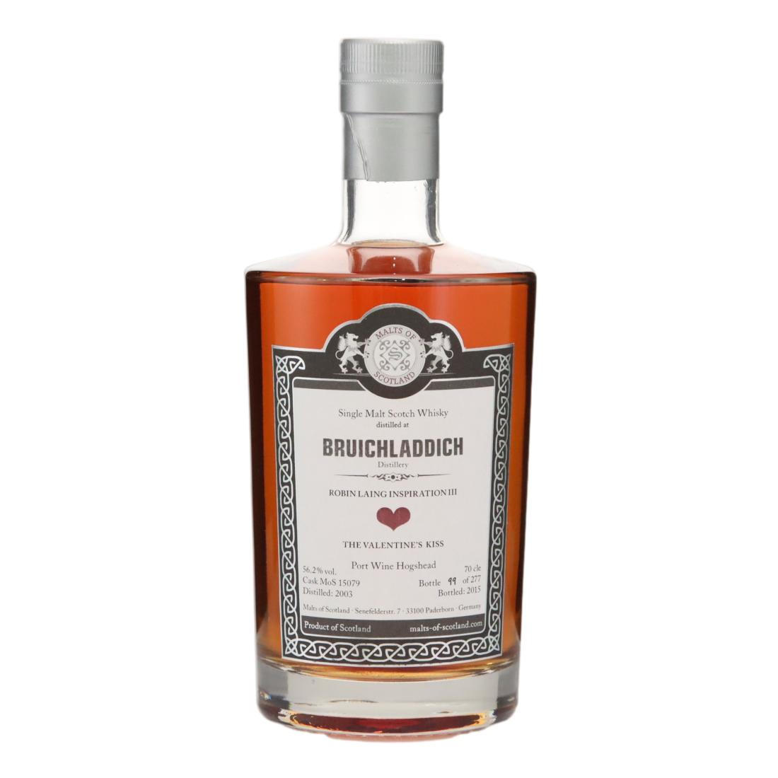 Bruichladdich Robin Laing Inspiration III - The Valentine's Kiss 12 Year Old, Port Hogshead Cask, Cask #MoS 15079, 2003, Malts of Scotland, 56.2% whisky bottle
