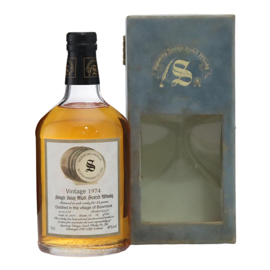 Bowmore 23 Year Old, Oak Cask, Cask #2104, 1974, Signatory Vintage, 49% whisky bottle