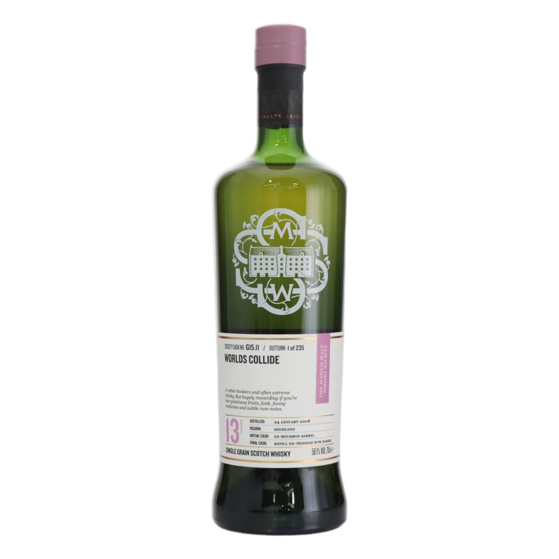 Loch Lomond Worlds collide 13 Year Old, Rum Cask, Cask #G15.11, 2008, The Scotch Malt Whisky Society, 58.1% whisky bottle