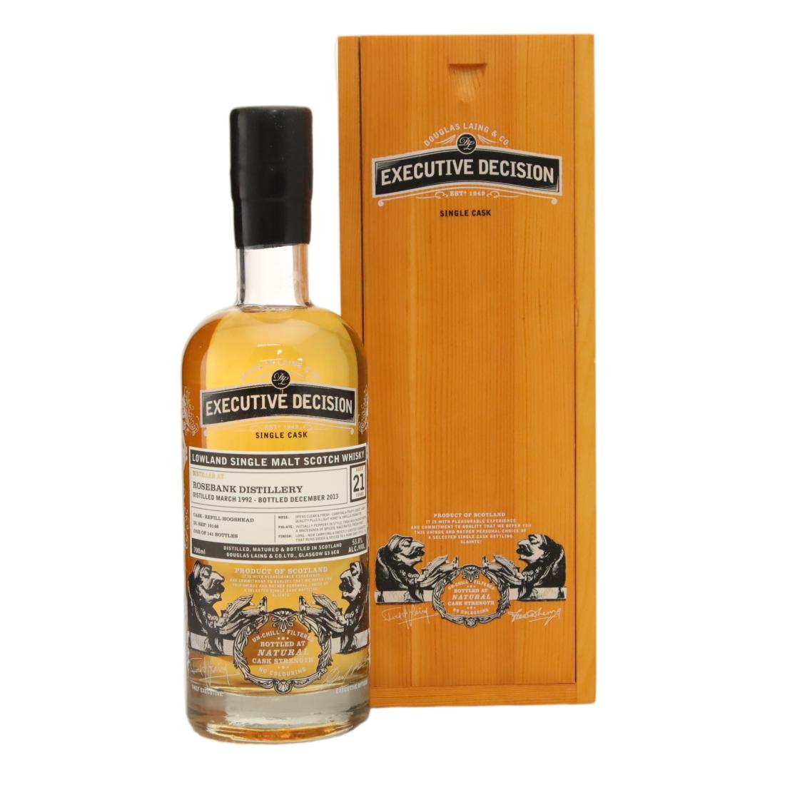 Rosebank 1992 21 Year Old Douglas Laing Executive Decision, Refill Hogshead Cask, Cask #DL 10146, 1992, Douglas Laing, 53.8% whisky bottle