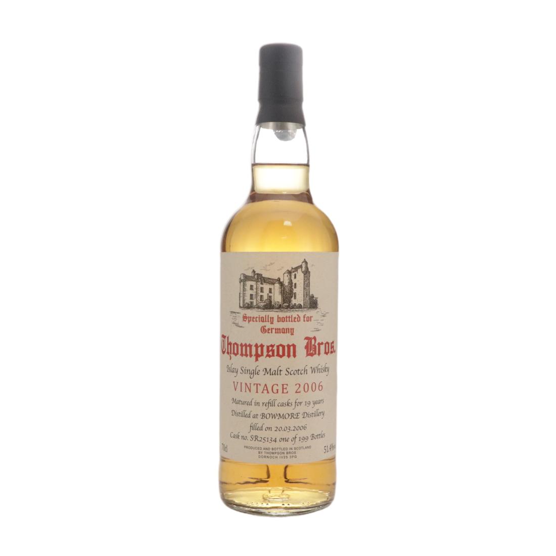 Bowmore 19 Year Old, Refill Oak Cask, Cask #SR25134, 2006, Thompson Bros, 51.4% whisky bottle