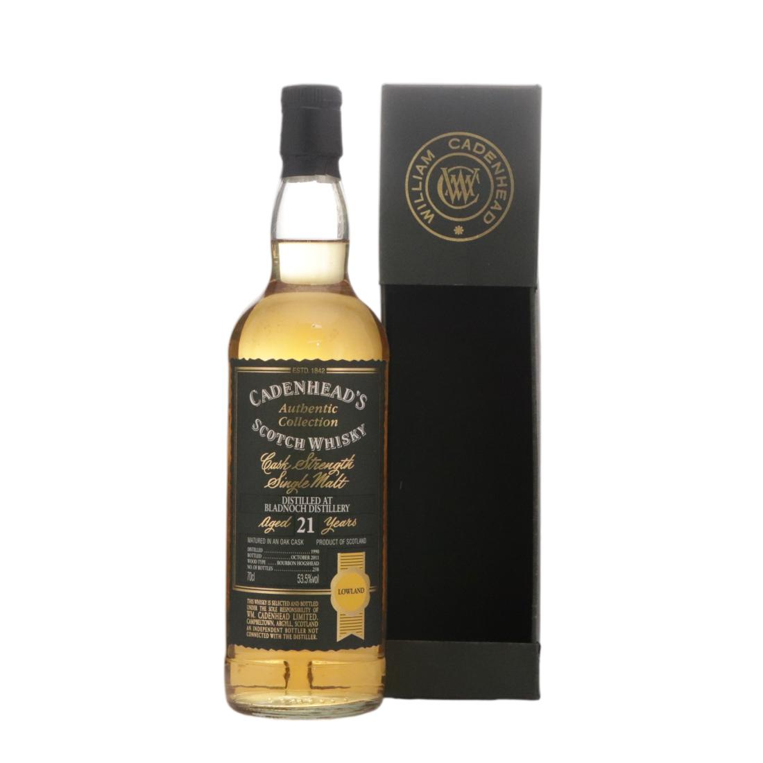 Bladnoch Authentic Collection 21 Year Old, Bourbon Hogshead Cask, 1990, Cadenhead's, 53.5% whisky bottle