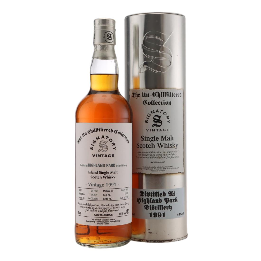 Highland Park The Un-Chillfiltered Collection 21 Year Old, Sherry Cask, Cask #15128, 1991, Signatory Vintage, 46% whisky bottle
