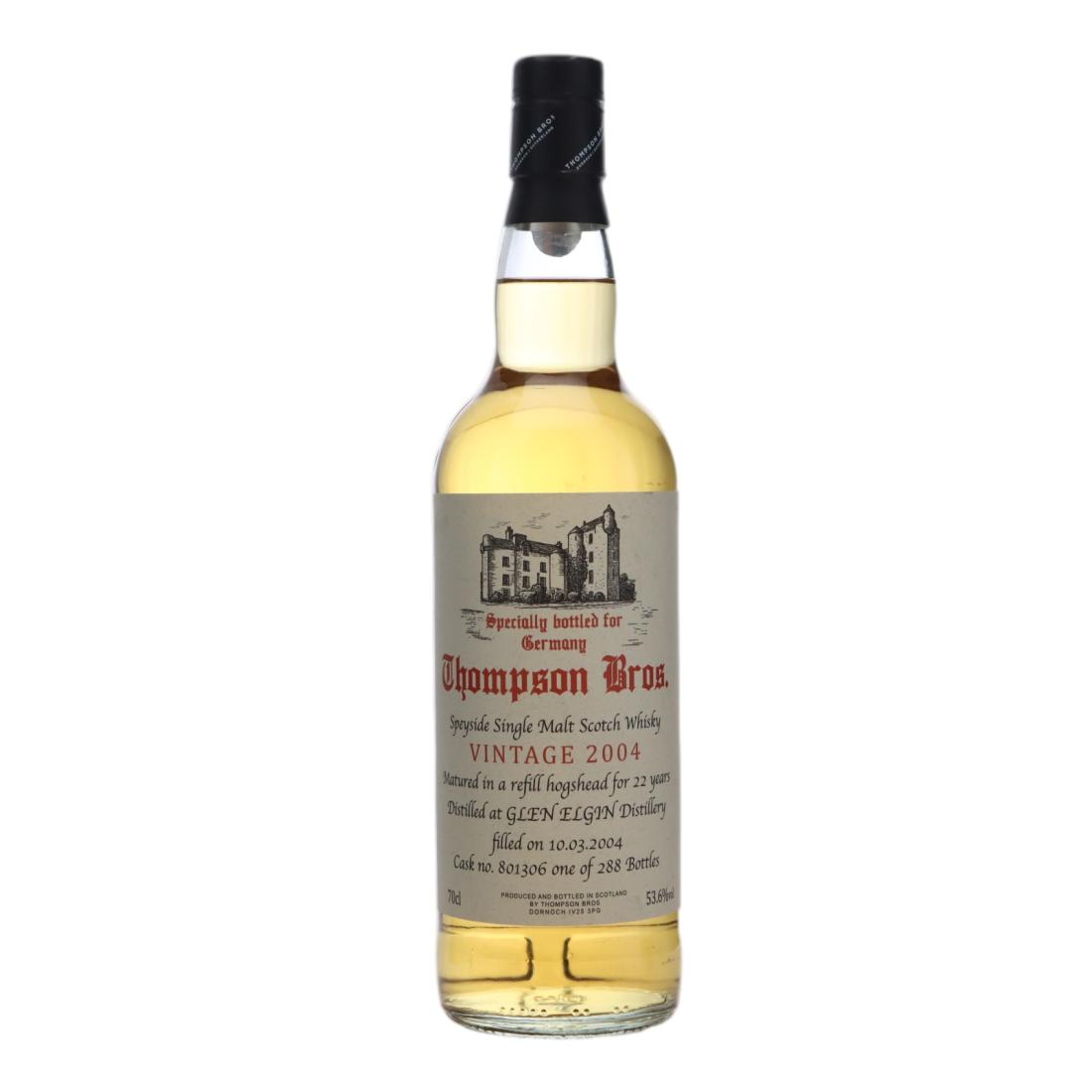 Glen Elgin Dornoch Castle Selection 22 Year Old, Hogshead Cask, Cask #801306, 2004, Thompson Bros., 53.6% whisky bottle