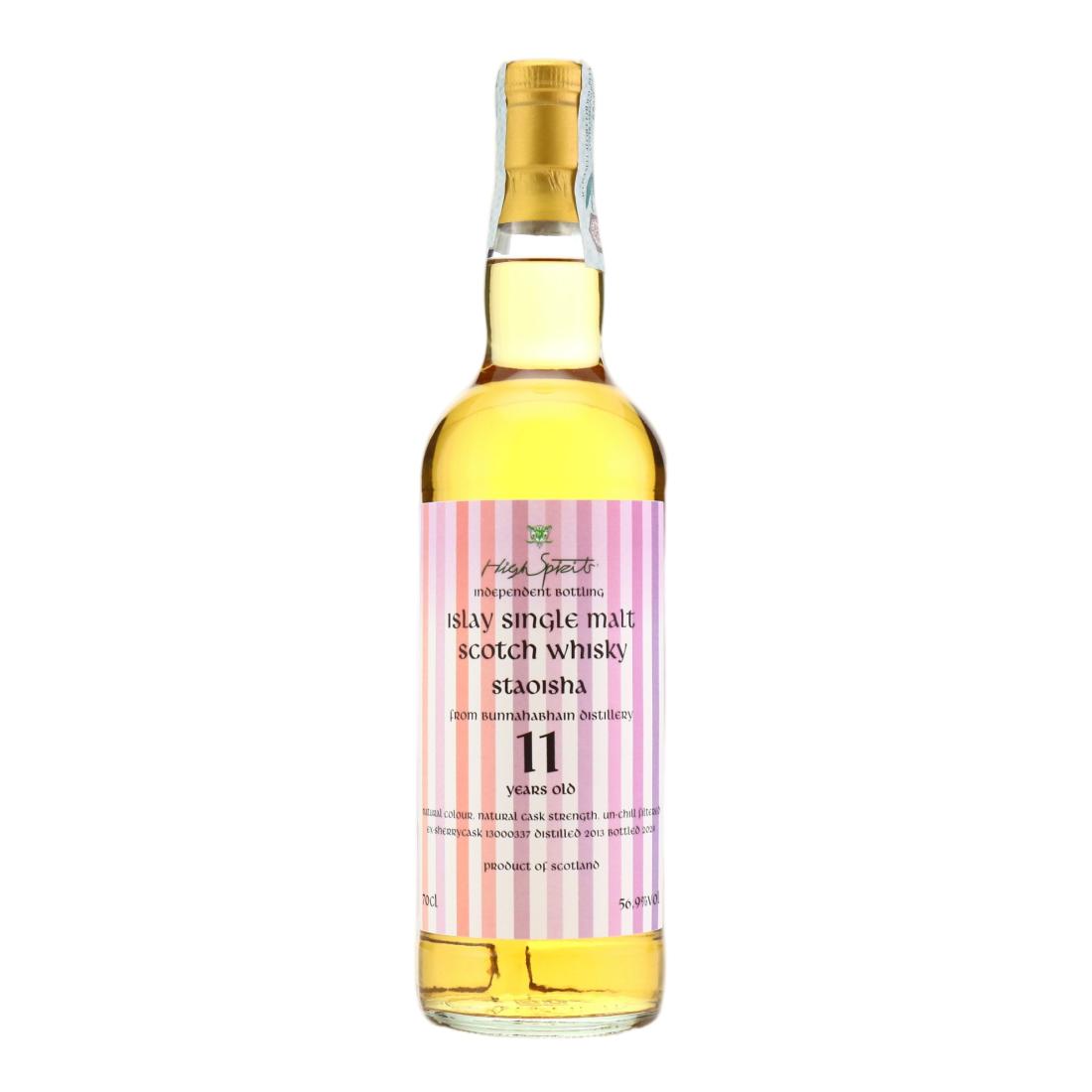 Bunnahabhain Staoisha 11 Year Old, Sherry Cask, Cask #13000337, 2024, High Spirits, 56.9% whisky bottle