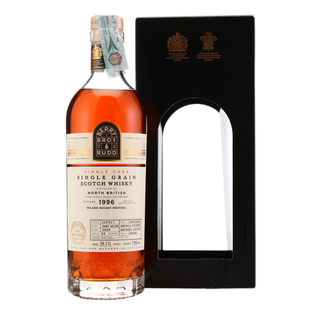 North British 28 Year Old, Wine Cask, Cask #224762-1, 1996, Berry Bros. & Rudd, 59.1% whisky bottle