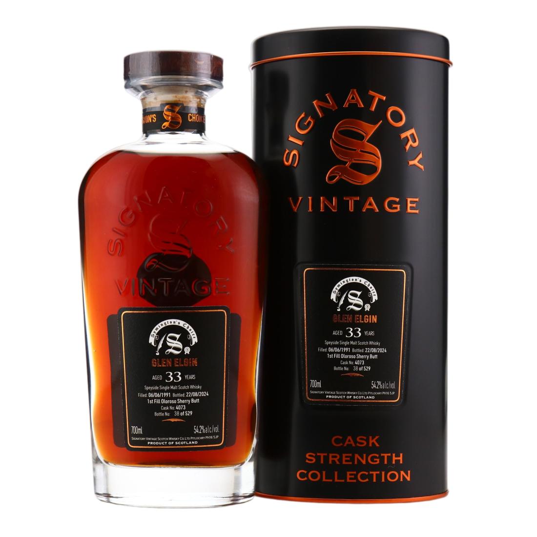 Glen Elgin Symington's Choice 33 Year Old, Sherry Cask, Cask #4073, 1991, Signatory Vintage, 54.2% whisky bottle