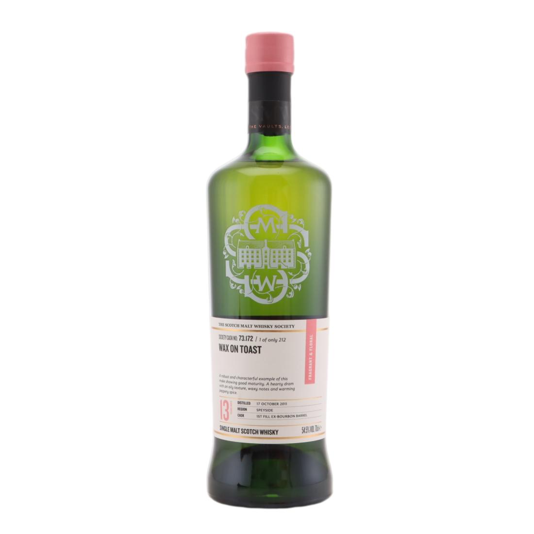Aultmore Wax on toast 13 Year Old, First Fill Ex Bourbon Barrel Cask, Cask #73.172, 2011, The Scotch Malt Whisky Society, 54.5% whisky bottle