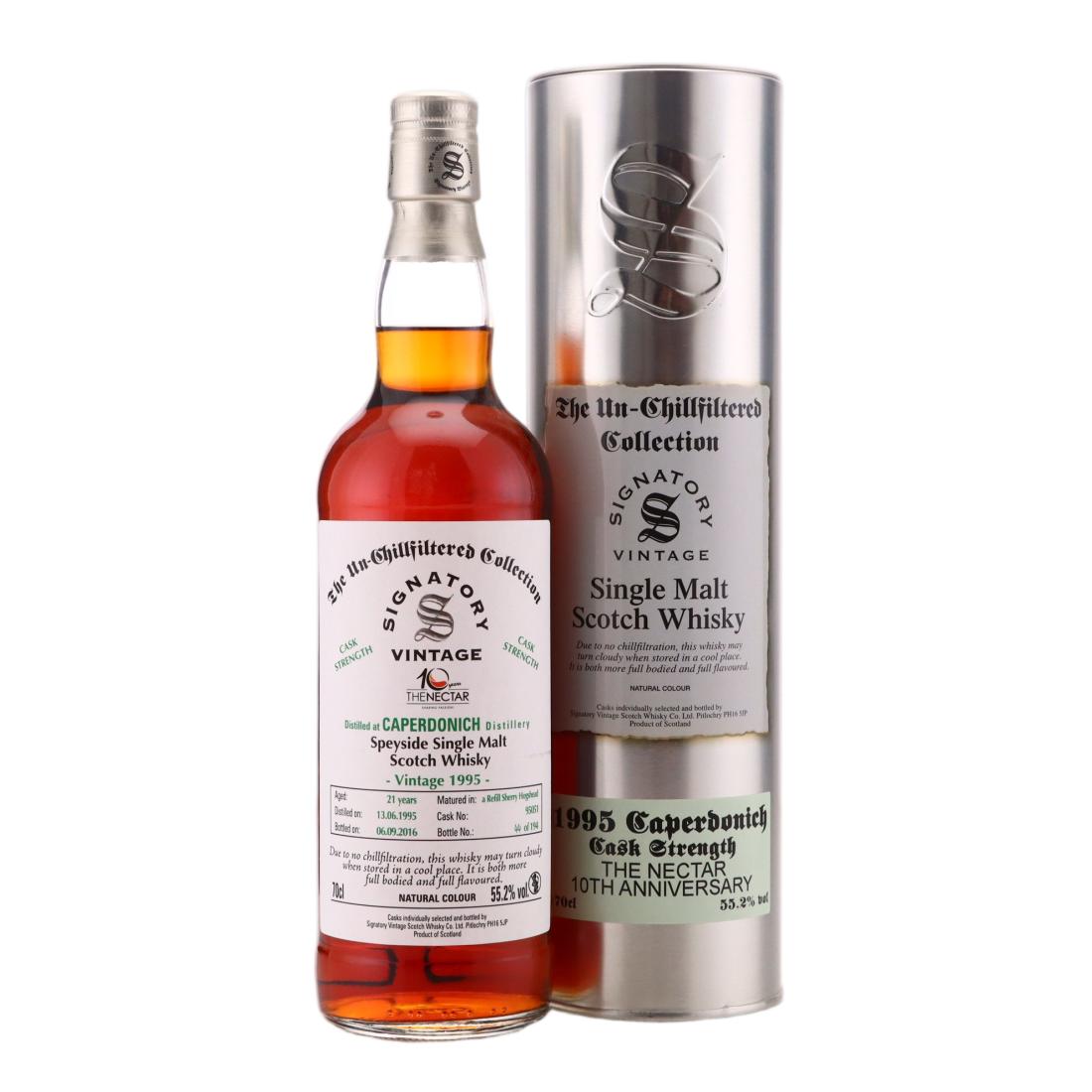 Caperdonich The Un-Chillfiltered Collection 21 Year Old, Sherry Cask, Cask #95051, 1995, Signatory Vintage, 55.2% whisky bottle