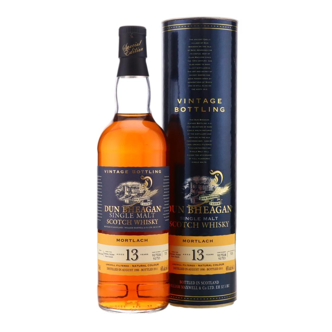 Mortlach Vintage Bottling 13 Year Old, Wine Cask, Cask #91751 & 91753, 1998, Dun Bheagan, 46% whisky bottle