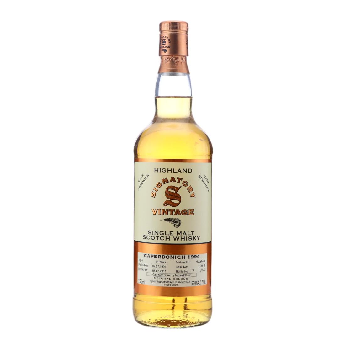 Caperdonich 16 Year Old, Hogshead Cask, Cask #96518, 1994, Signatory Vintage, 58.8% whisky bottle