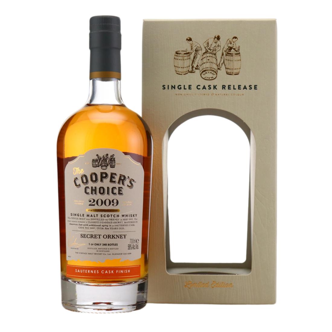 Secret Orkney 10 Year Old, Sauternes Cask, Cask #9497, 2009, The Cooper's Choice, 58% whisky bottle