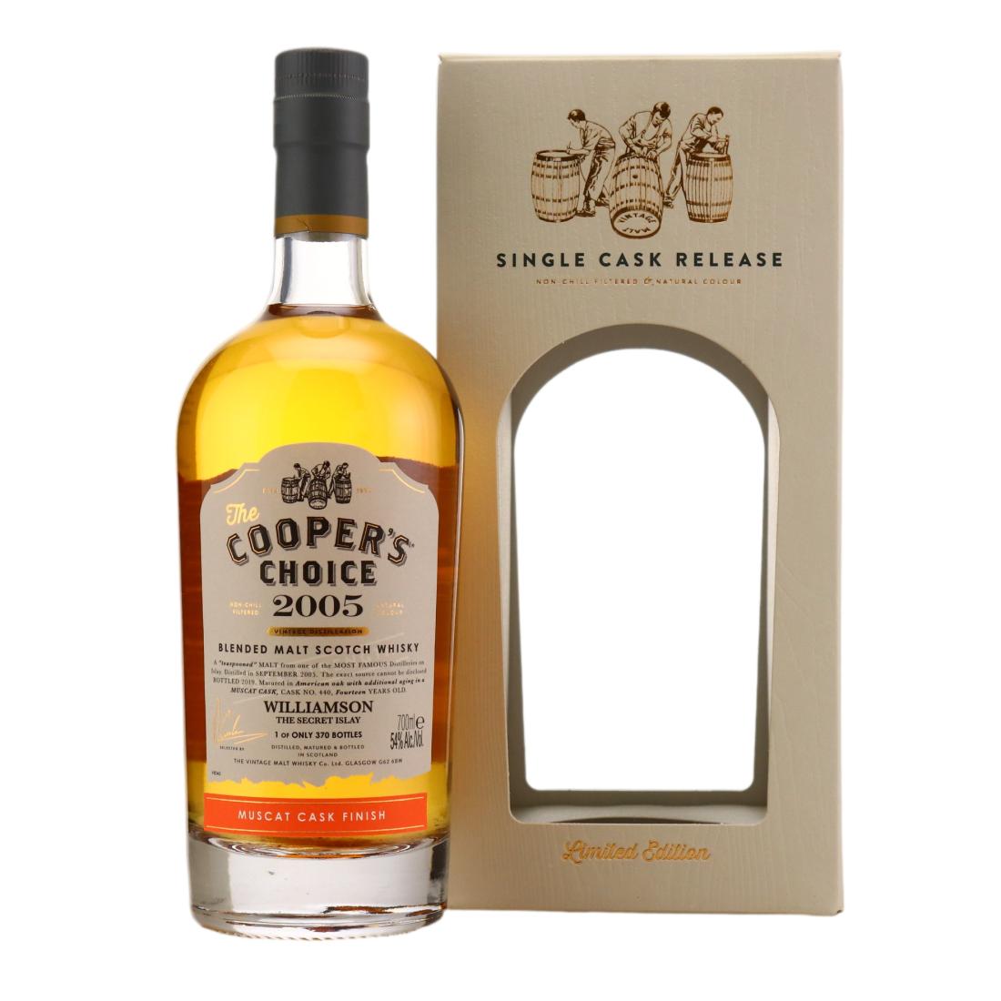 Williamson The Secret Islay 14 Year Old, Muscat Cask, Cask #40, 2005, The Vintage Malt Whisky Company, 54% whisky bottle