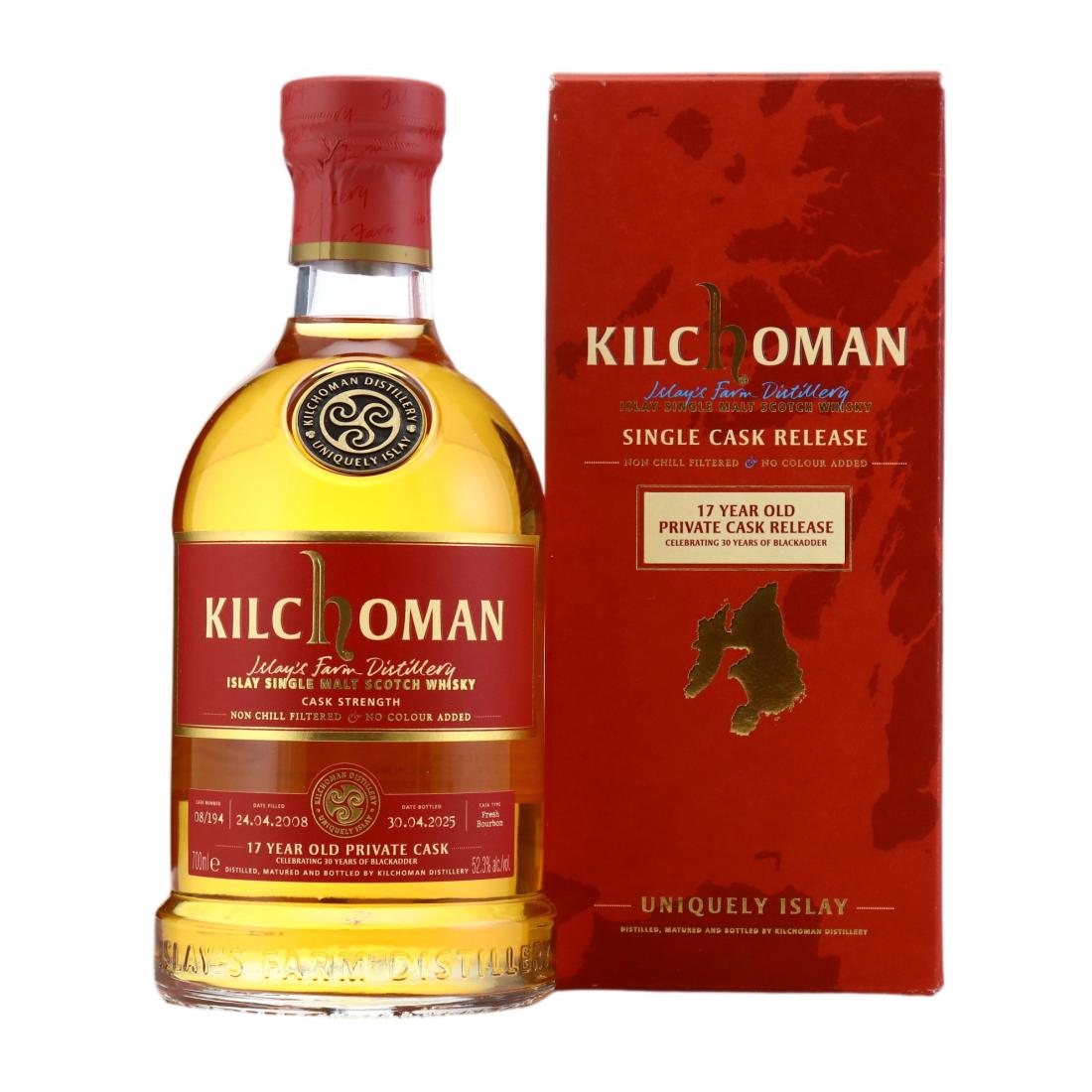 Kilchoman Private Cask Release 17 Year Old, Bourbon Cask, Cask #08/194, 2025, 52.3% whisky bottle