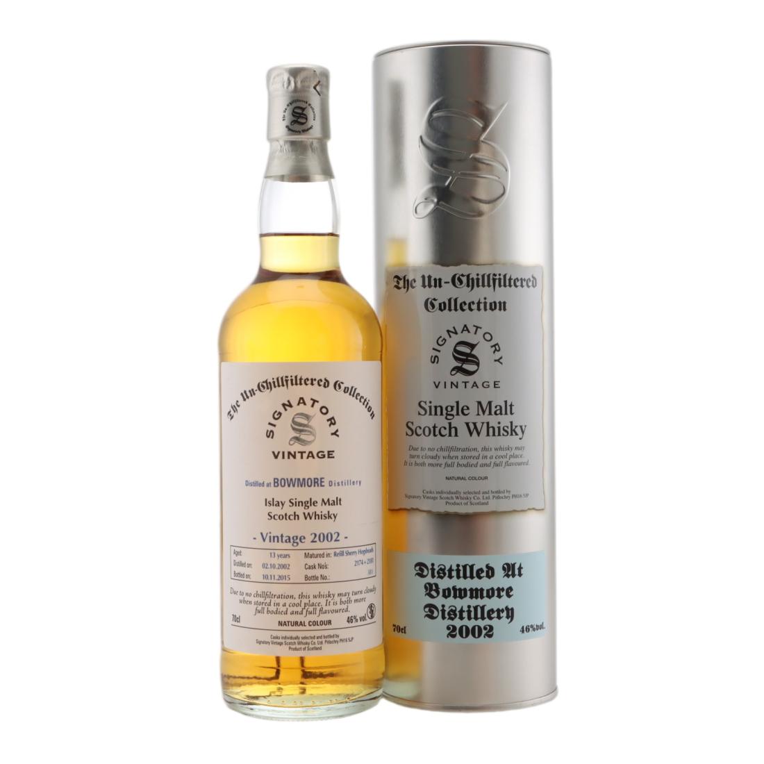 Bowmore The Un-Chillfiltered Collection 13 Year Old, Sherry Hogshead Cask, Cask #2174 + 2181, 2002, Signatory Vintage, 46% whisky bottle