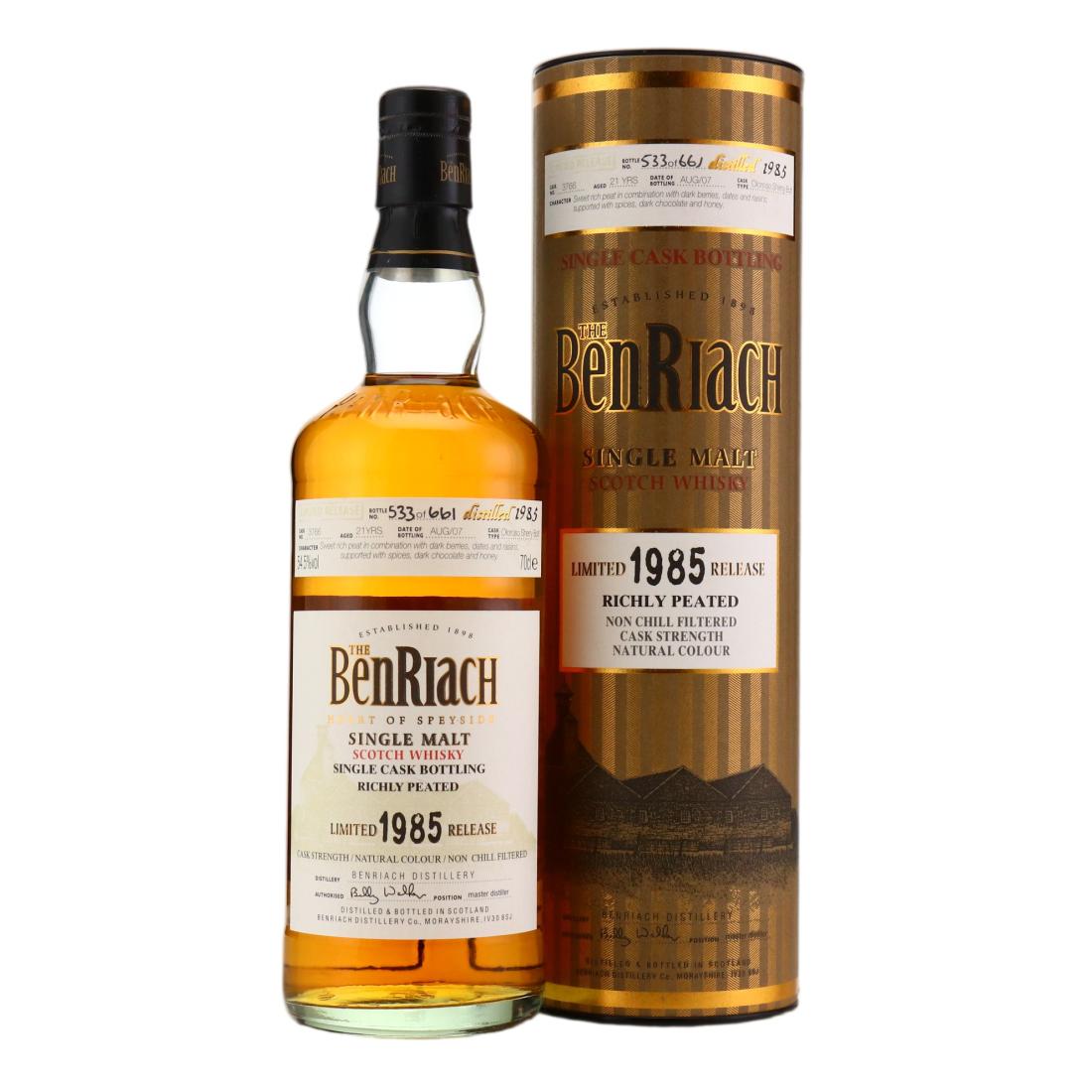 Benriach Limited Release Richly Peated 21 Year Old, Sherry Cask, Cask #3766, Batch No. 4, 2007, 54.5% whisky bottle