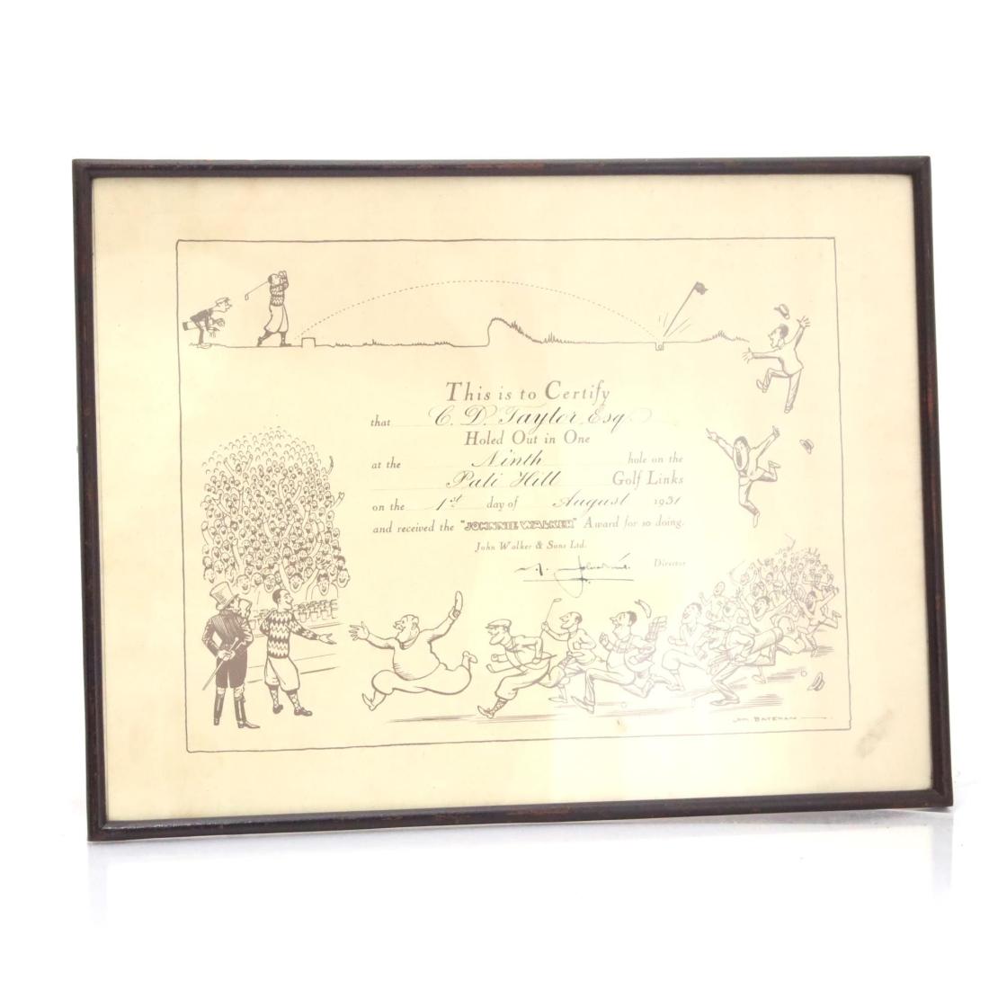 Johnnie Walker Hole-in-One Award Certificate, 1931 whisky bottle