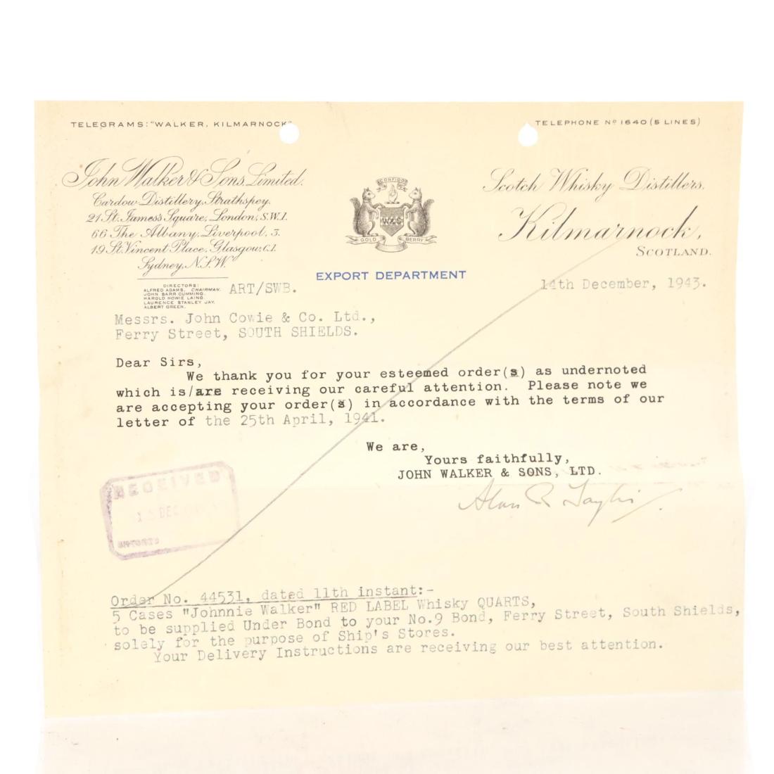 Johnnie Walker John Walker & Sons Export Department Letter to John Cowie & Co (1943) whisky bottle