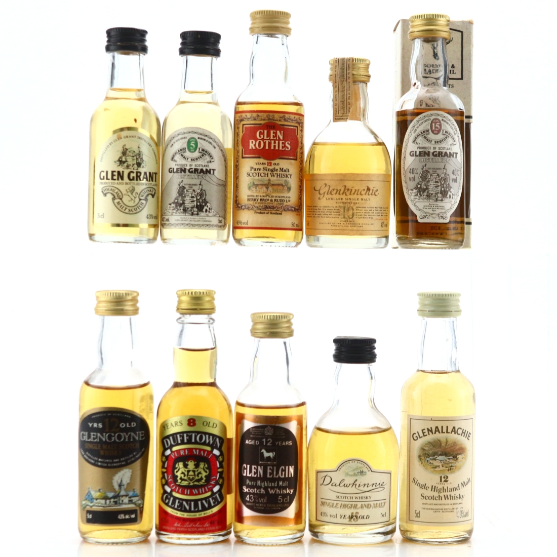 Scotch Malt Whisky Miniatures x 10 Including Glen Grant 15 Year Old Gordon MacPhail