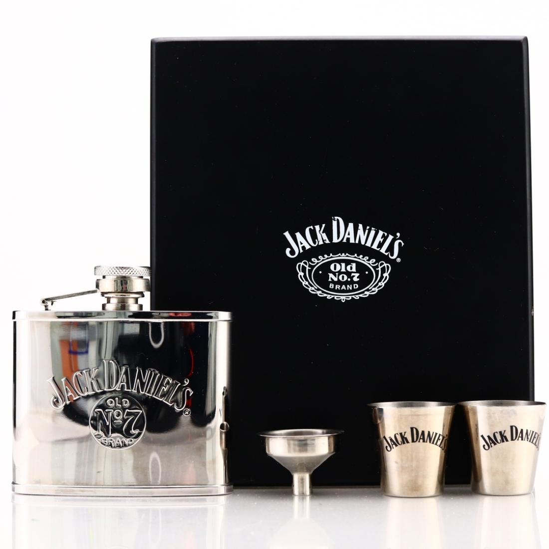 Jack Daniel's Hip Flask & Cups / Wooden Display Box