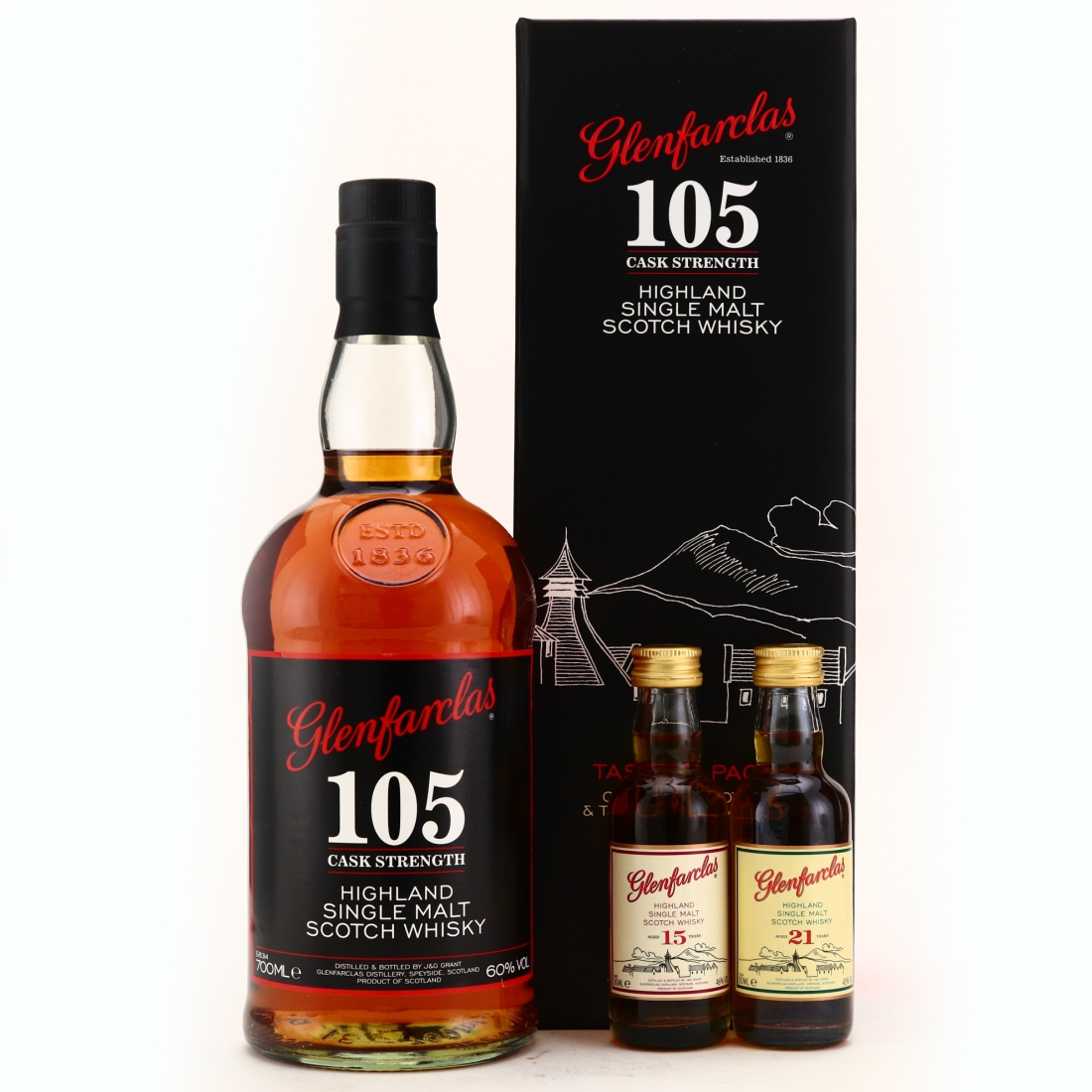 Glenfarclas 105 Cask Strength with 15 & 21 Year Old Miniatures