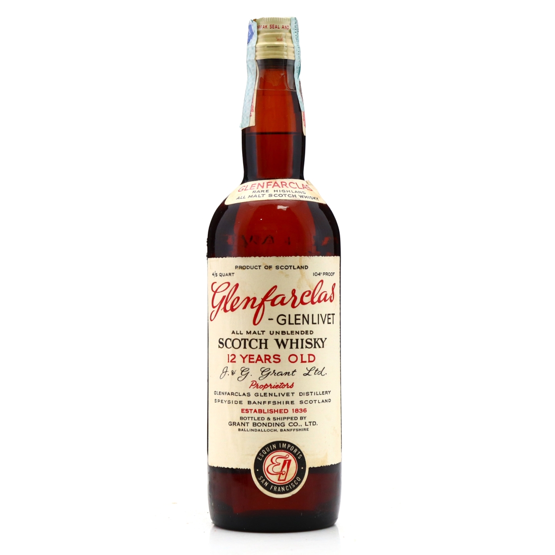 Glenfarclas 12 Year Old Grant Bonding Co 104 Proof 1960s Securocap / Esquin Import, US
