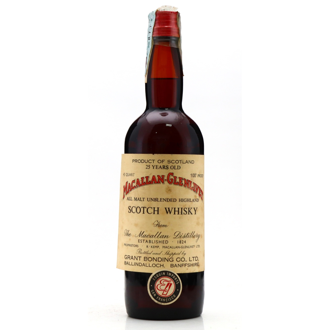 Macallan 25 Year Old Grant Bonding Co 1960s Securocap / Esquin Import, US
