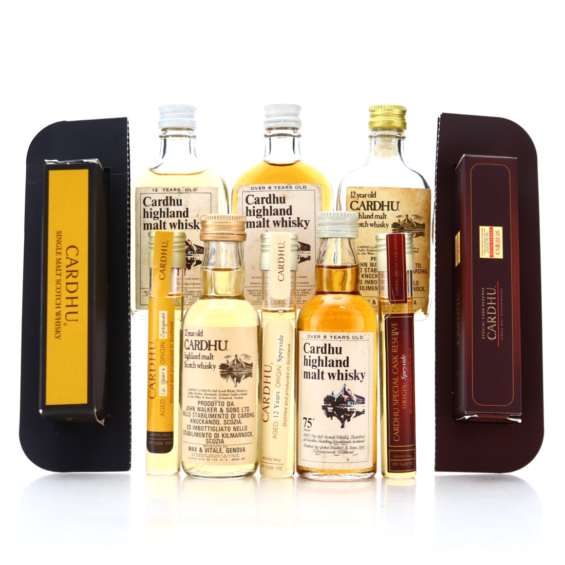 Cardhu 8 & 12 Year Old John Walker and Sons Miniatures x 5 1960s-70s with 2cl Samples x 3