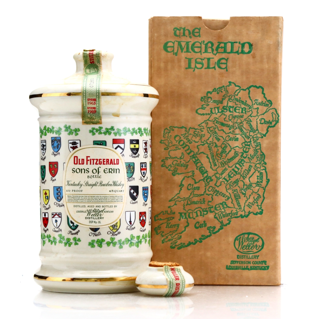 Old Fitzgerald 1963 Bottled in Bond Sons of Erin Decanter 100 Proof / Stitzel-Weller