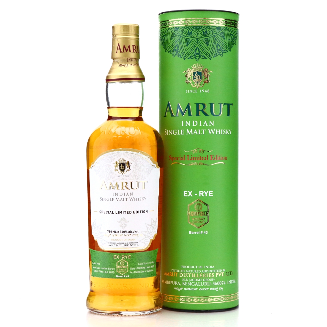Amrut 2015 Single ex-Rye Cask #708 75cl / Norfolk Whisky Group