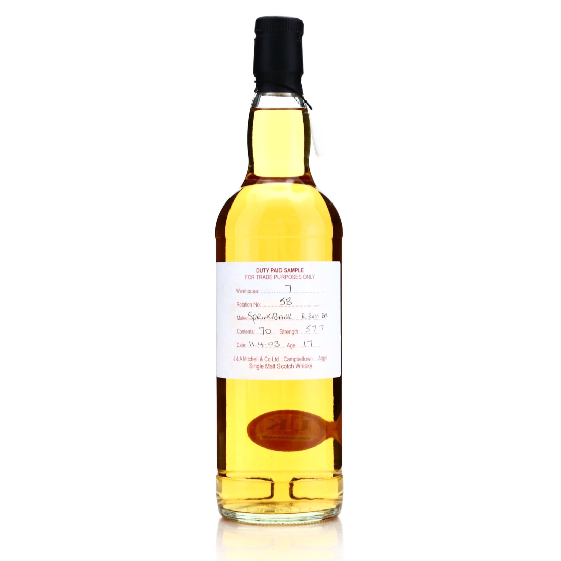 Springbank 2003 Duty Paid Sample 17 Year Old / Refill Rum Barrel