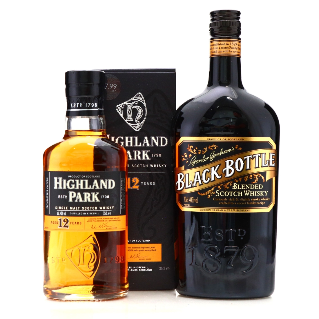 Highland Park 12 Year Old & Black Bottle Scotch Whisky 70cl & 35cl
