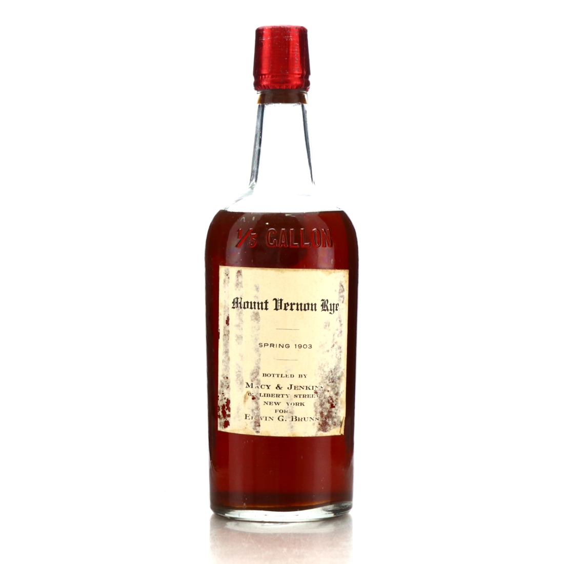 Mount Vernon Rye 1903 Macy and Jenkins 1/5 Gallon / Pre-Prohibition