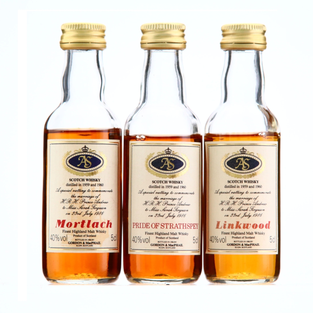 Mortlach 1959/1960 Gordon and MacPhail Royal Marriage 1986 Miniature​​ x 3