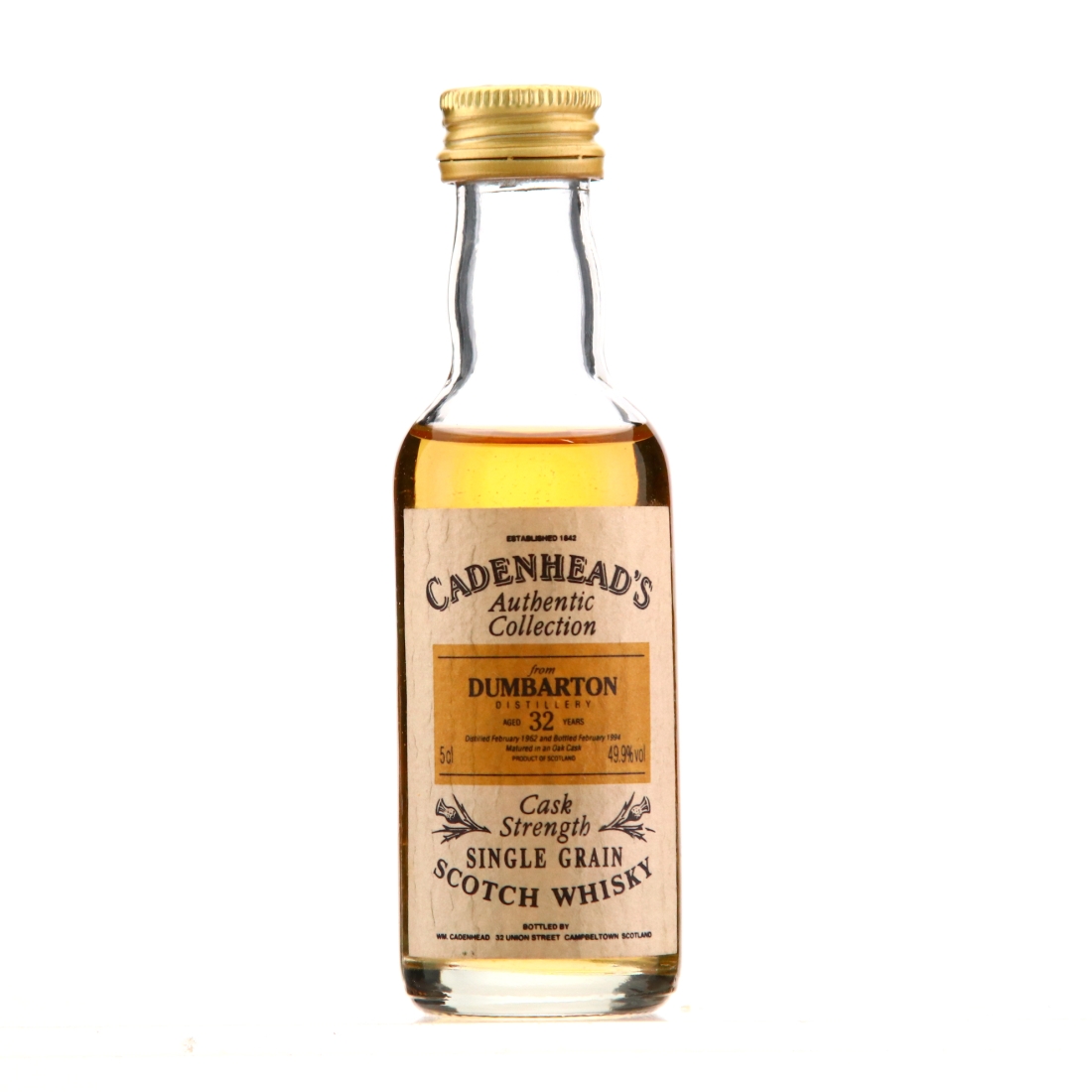 Dumbarton 1962 Cadenhead's Single Grain 32 Year Old Miniature