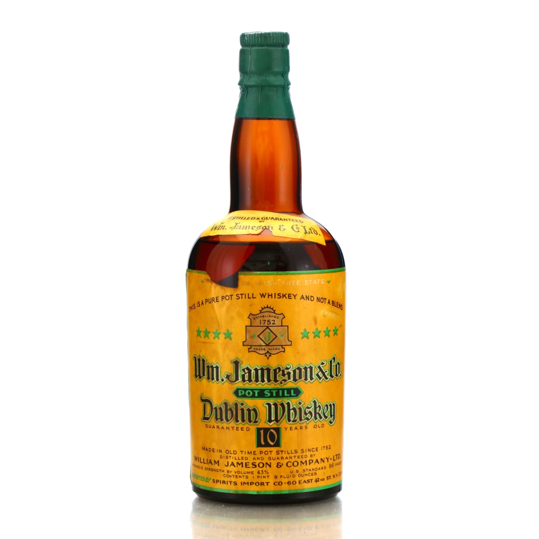 William Jameson 10 Year Old Pot Still Dublin Whiskey 1934 / US Import