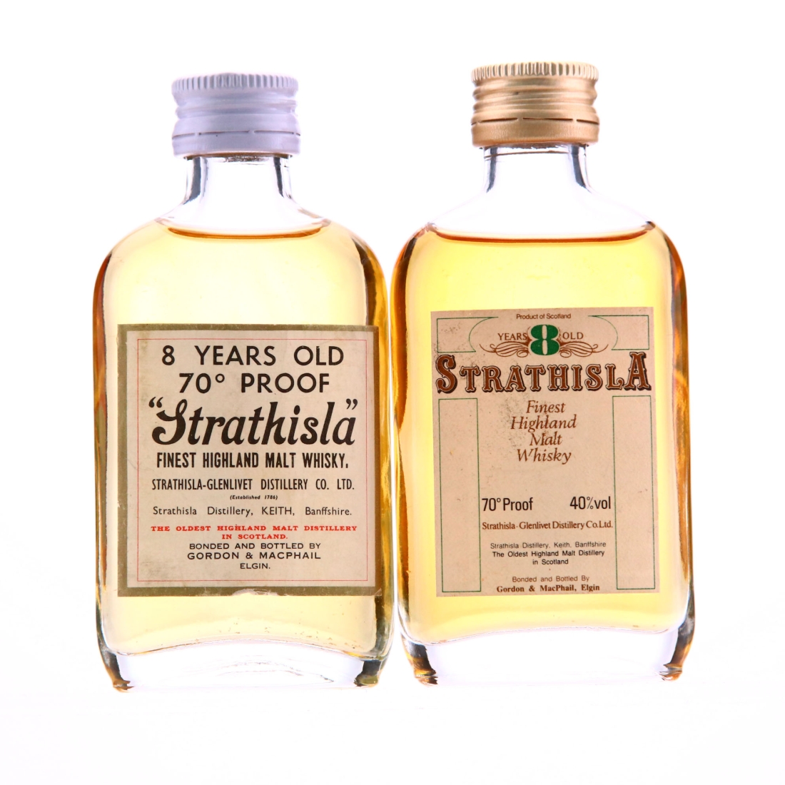 Strathisla 8 Year Old Gordon and MacPhail 70 Proof 1970s Miniature x 2