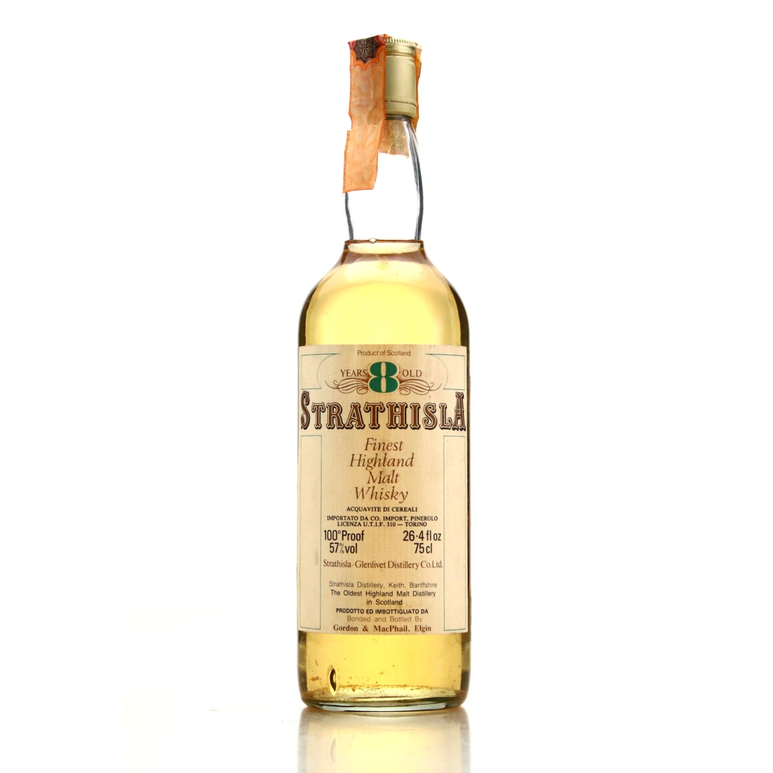 Strathisla 8 Year Old Gordon and MacPhail 100 Proof 1980s / Co. Pinerolo Import