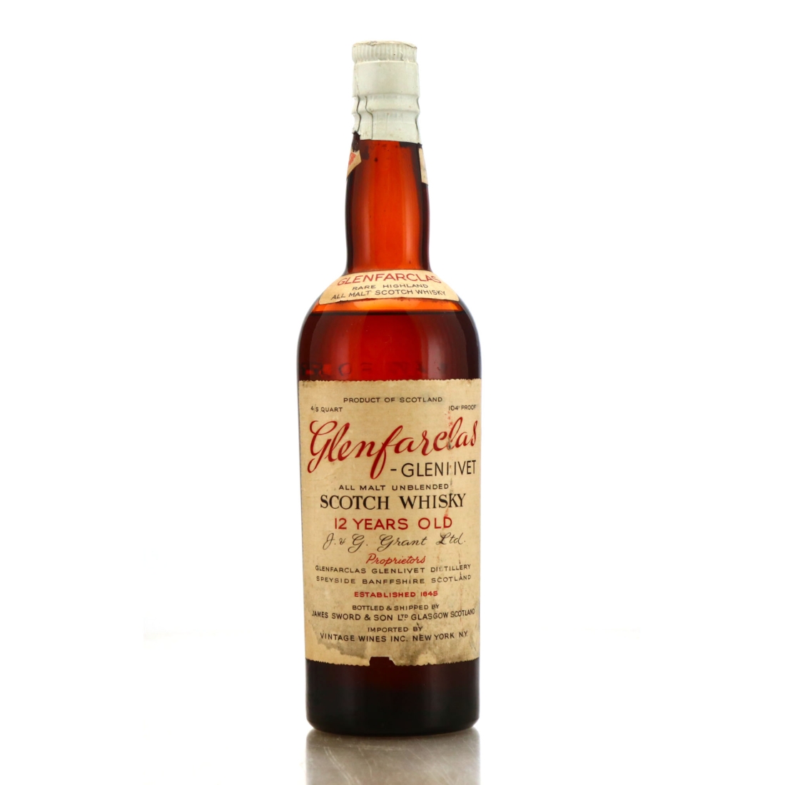 Glenfarclas 12 Year Old Grant Bonding Co 104 Proof 1950s / Vintage Wines Import, US